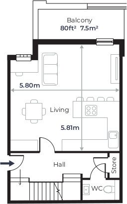 Radcliffe Court - Flat 1, ground floor plan